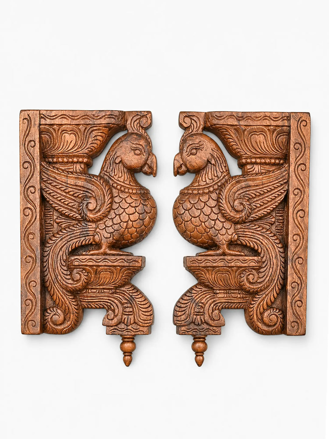 Pair of handcrafted wooden peacock wall brackets