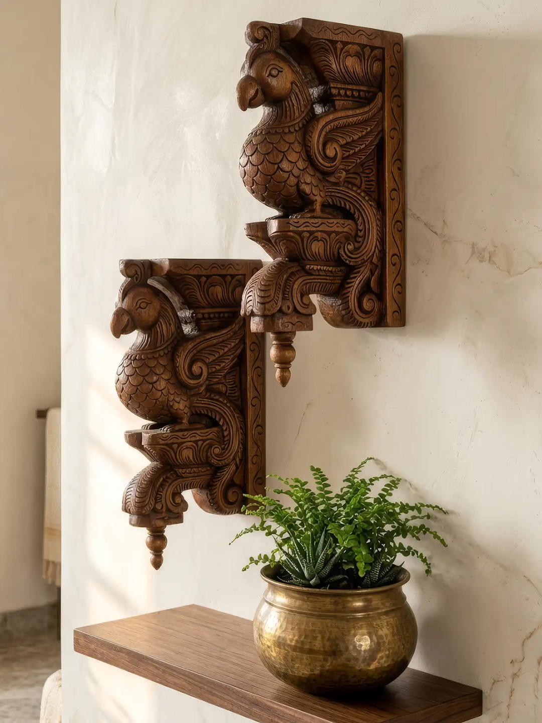 Antique finish wooden peacock wall corbels