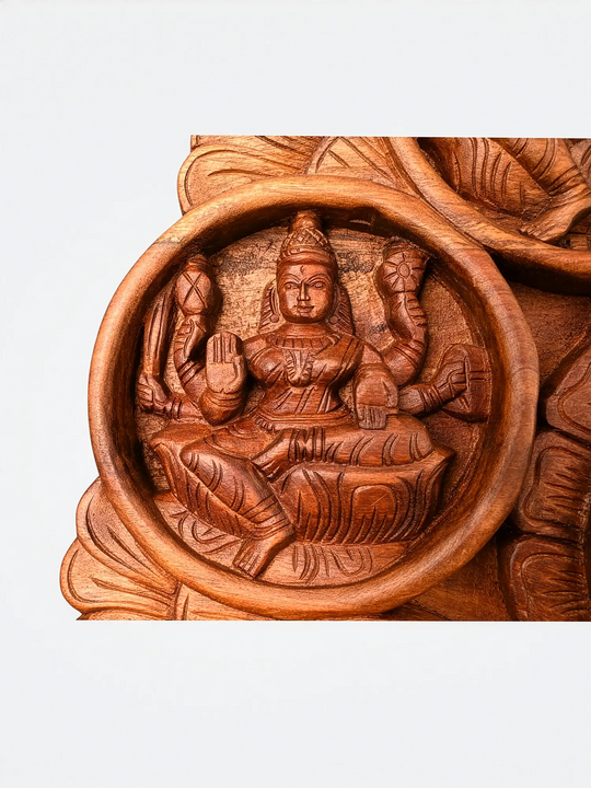 Handcrafted Ashtalakshmi Circular Wall Hanging Panel - Wooden Lakshmi Wall Decor 23''