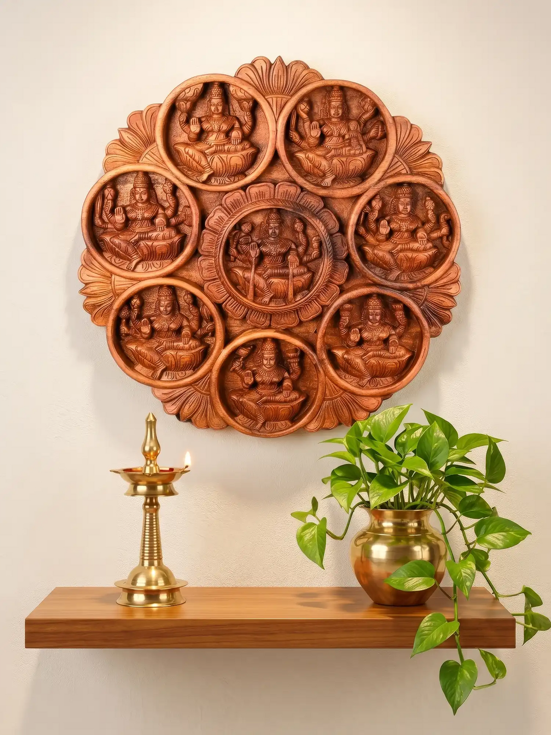 Handcrafted Wooden Circular Ashtalakshmi Wall Hanging Panel for Home Decor