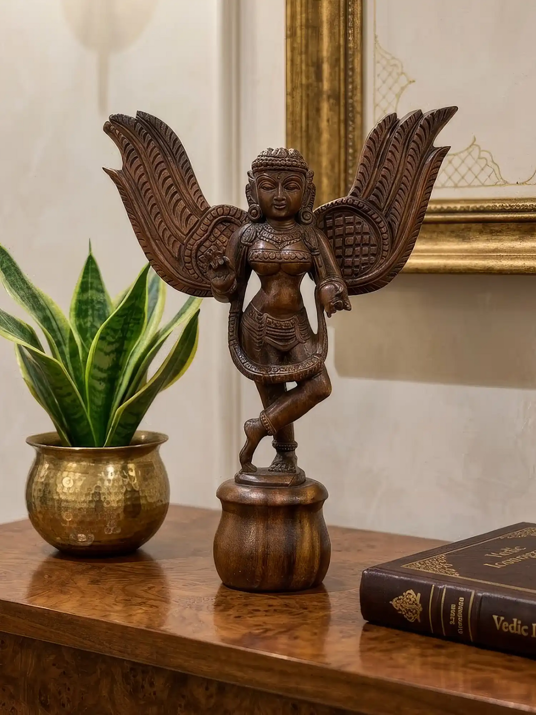 Premium wooden angel statue with intricate carving