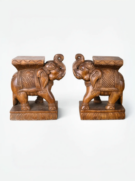 Handcrafted Wooden Elephant Sculptures- Wall Shelf Supports 9.5''