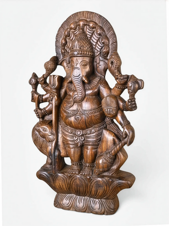 Wooden Lord Ganesha Idol with Intricate Artisan Carving