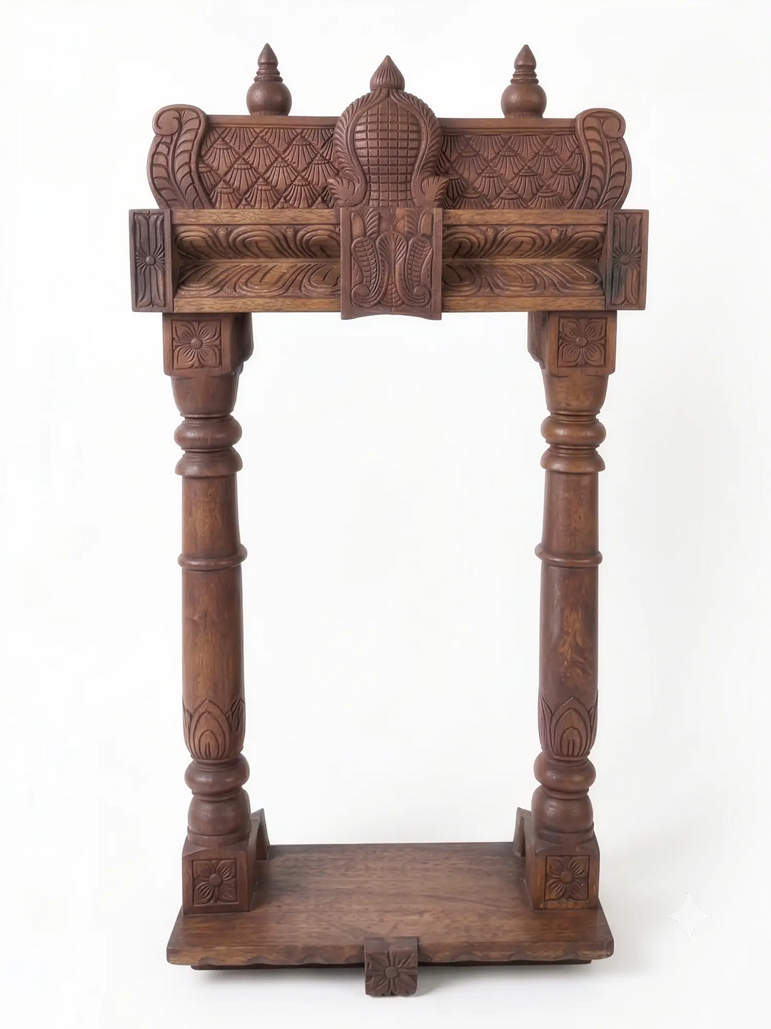 Premium solid wood pooja mandir with intricate handcrafted temple carvings