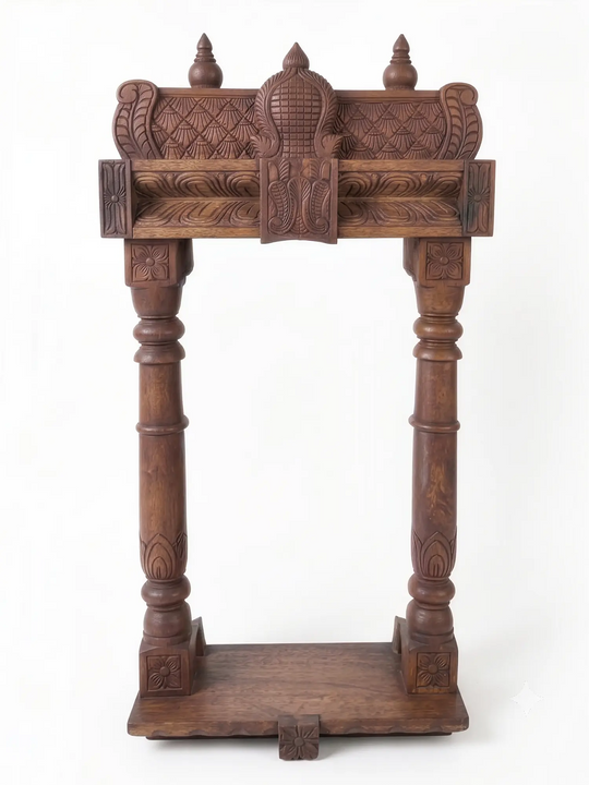 Premium solid wood pooja mandir with intricate handcrafted temple carvings