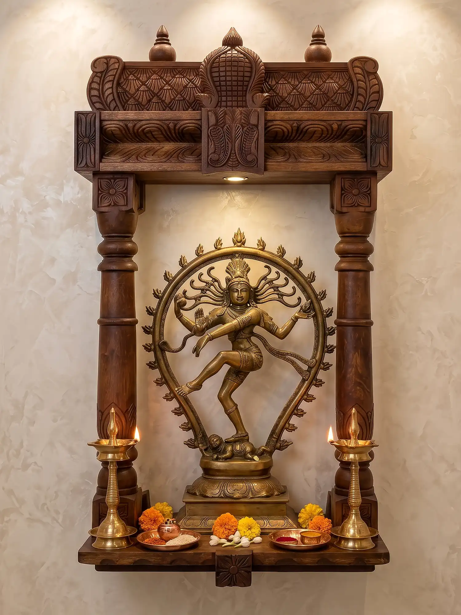 Traditional wooden home temple for Hindu pooja and daily worship