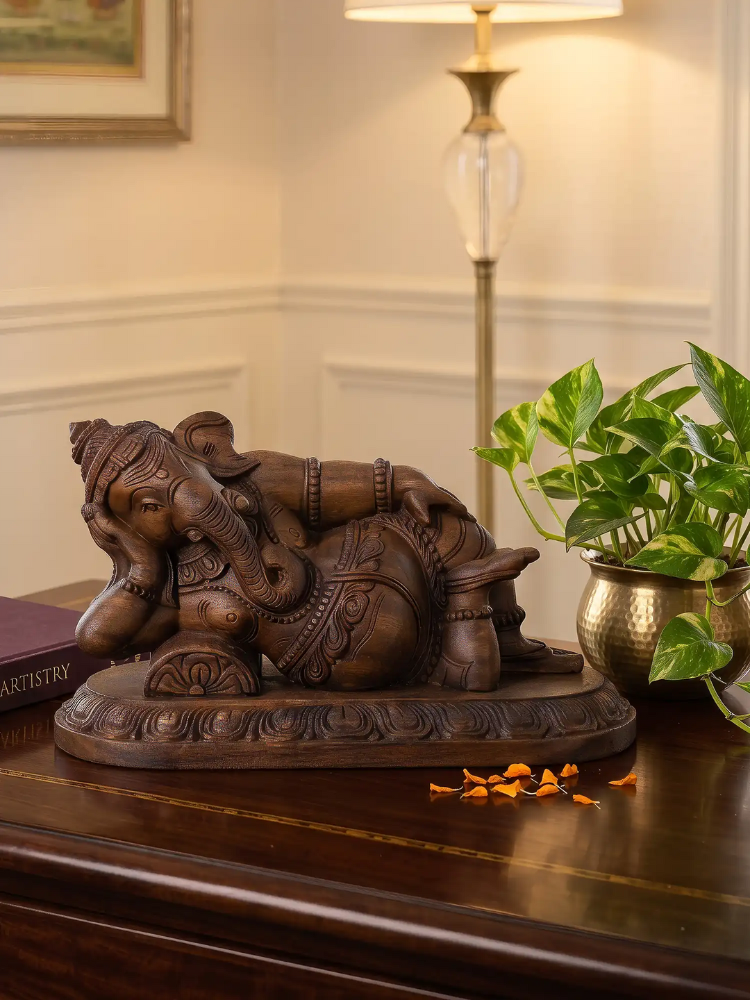 Premium wooden reclining Lord Ganesha sculpture