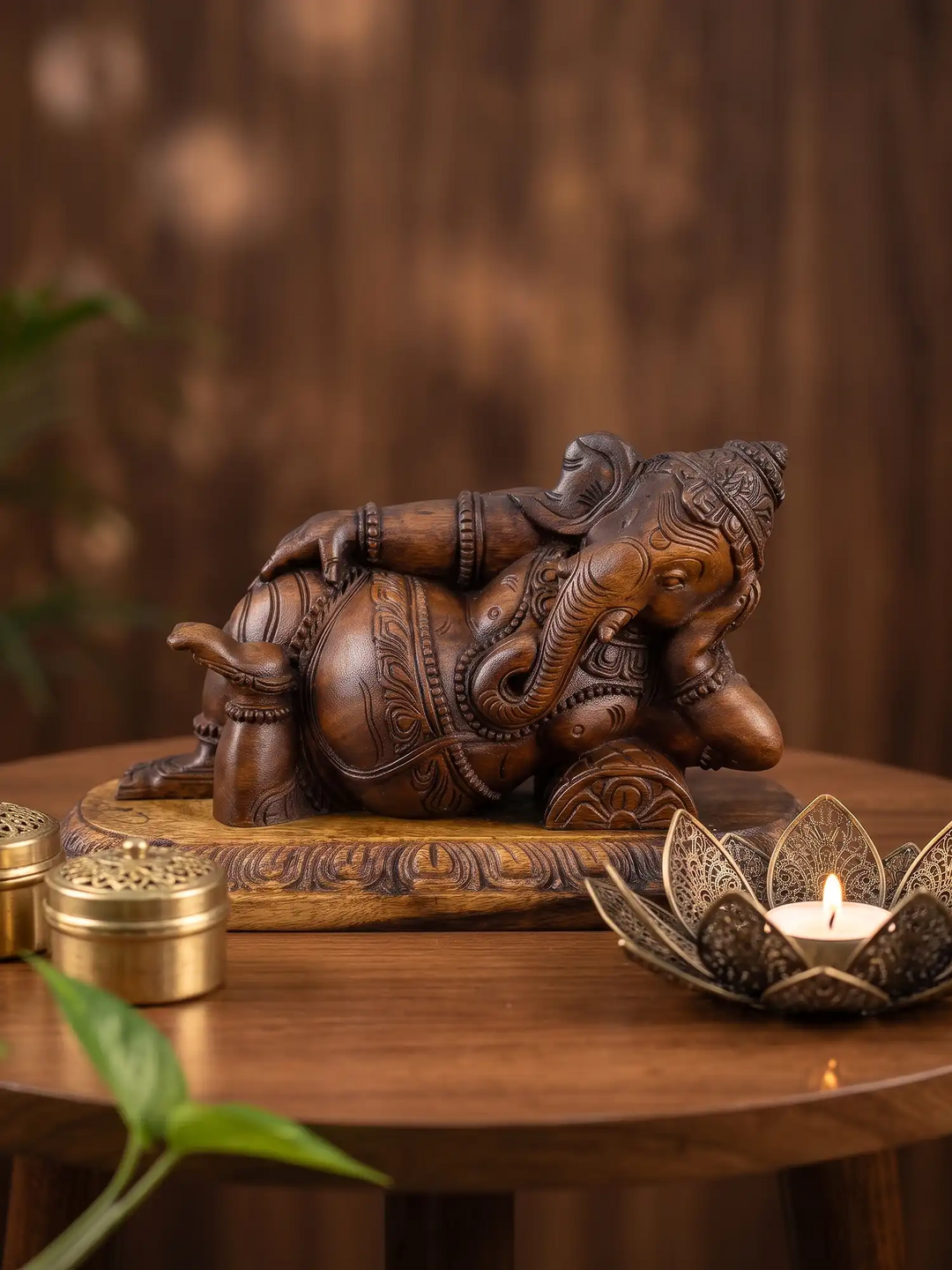Premium Hand Carved Wooden Reclining Ganesha Statue