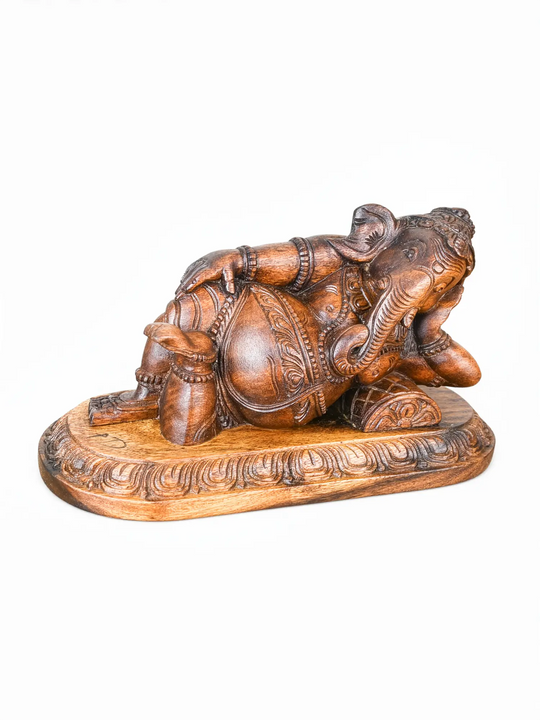 Handcrafted Reclining Lord Ganesha Wooden Statue for Home Decor