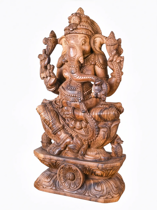 Premium wooden Ganesh idol for temple décor, spiritual interiors, luxury homes, and gifting.
