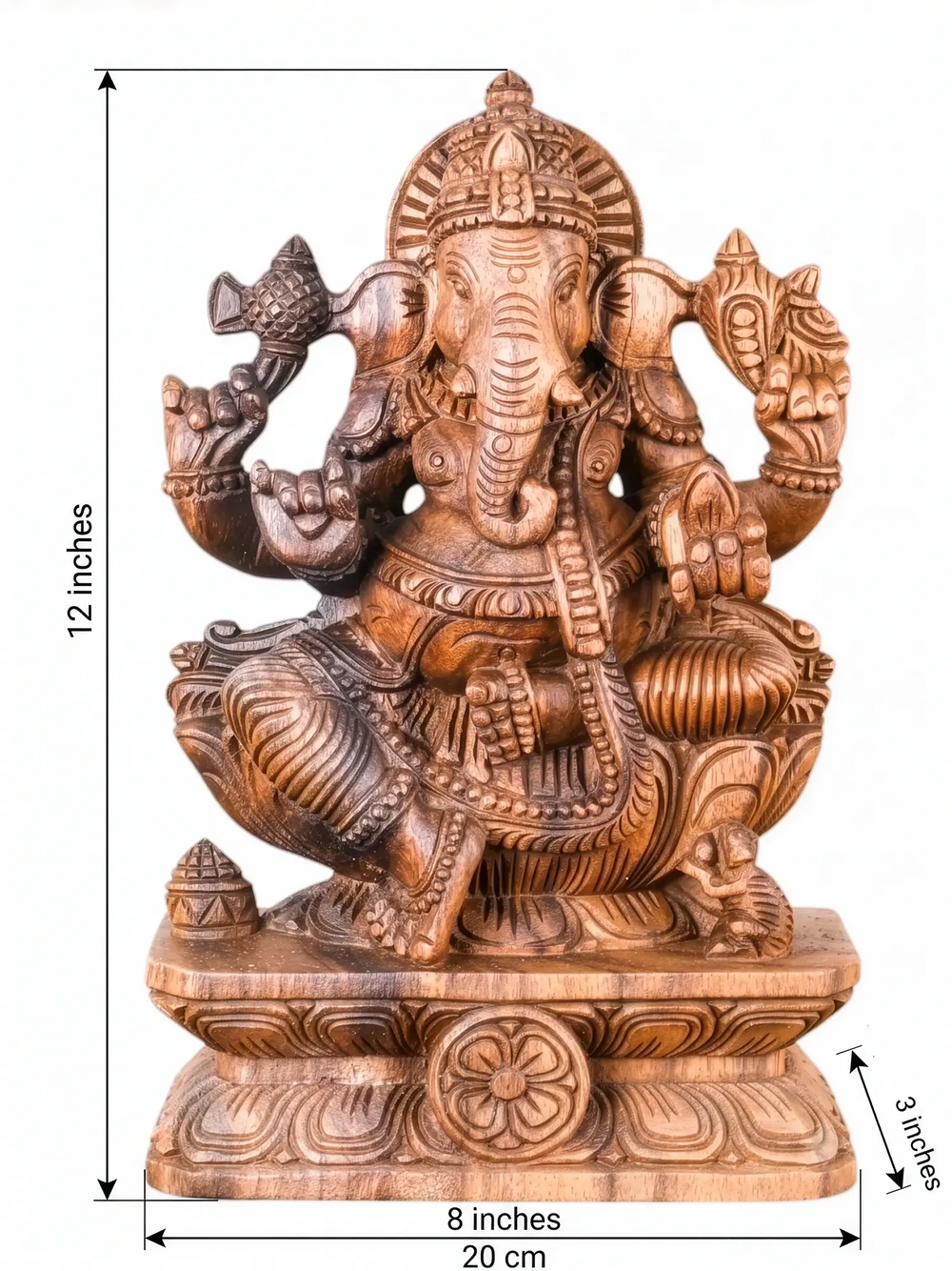 Unique hand-carved Ganesha wooden idol with classic temple-style decorative finish
