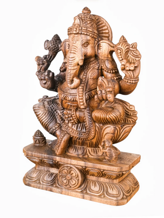 Traditional handmade Lord Ganapati statue crafted in wood with rich antique polish