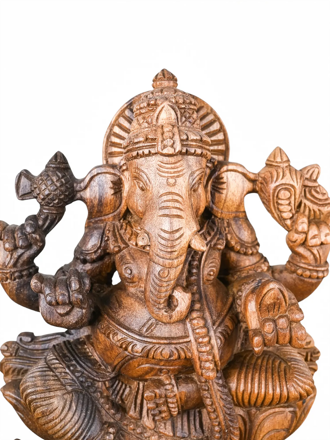 Premium wooden Lord Ganesha sculpture with detailed artisan work and bright 