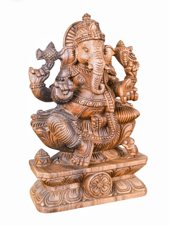 Sacred handcrafted Ganesh wooden statue with seated pose and ornate base design