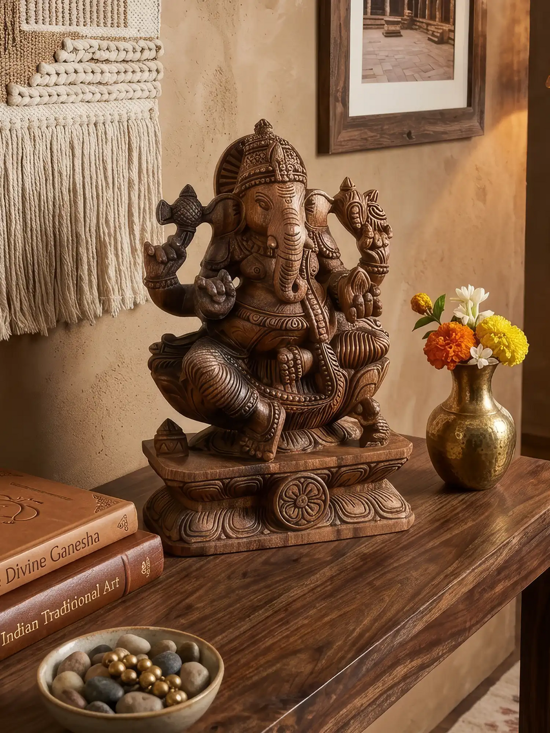 Unique hand-carved Ganesha wooden idol with classic temple-style decorative finish