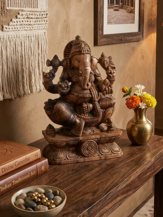 Unique hand-carved Ganesha wooden idol with classic temple-style decorative finish