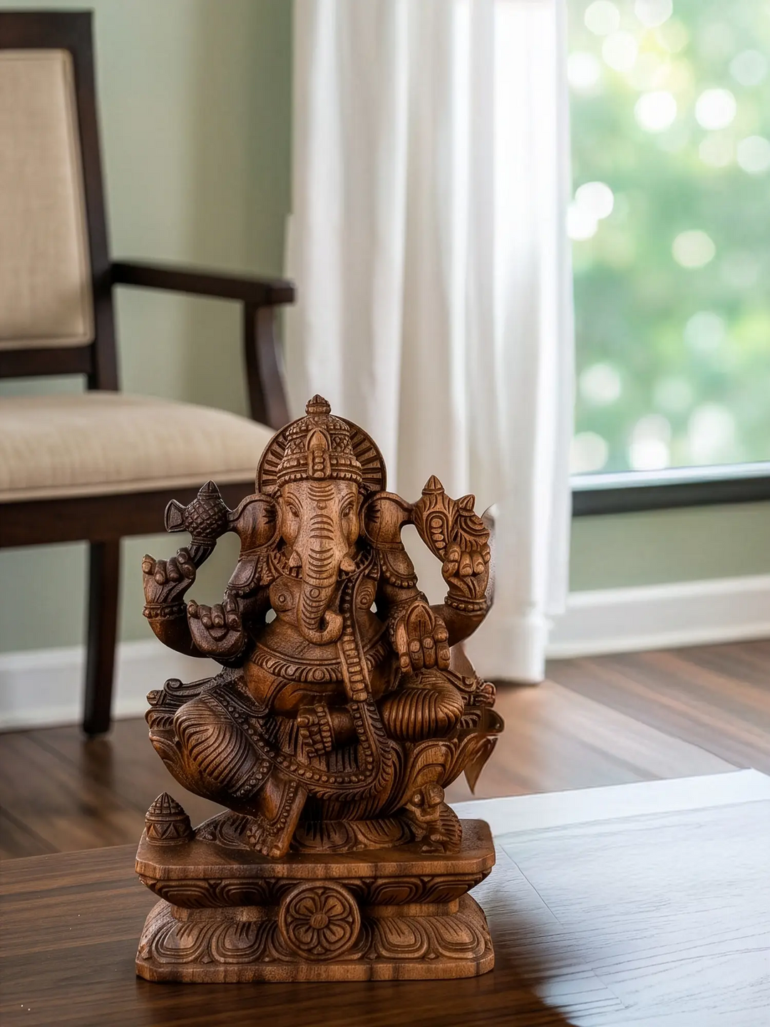Solid Wood Ganesha Idol-Traditional Indian Wood Carving 12"
