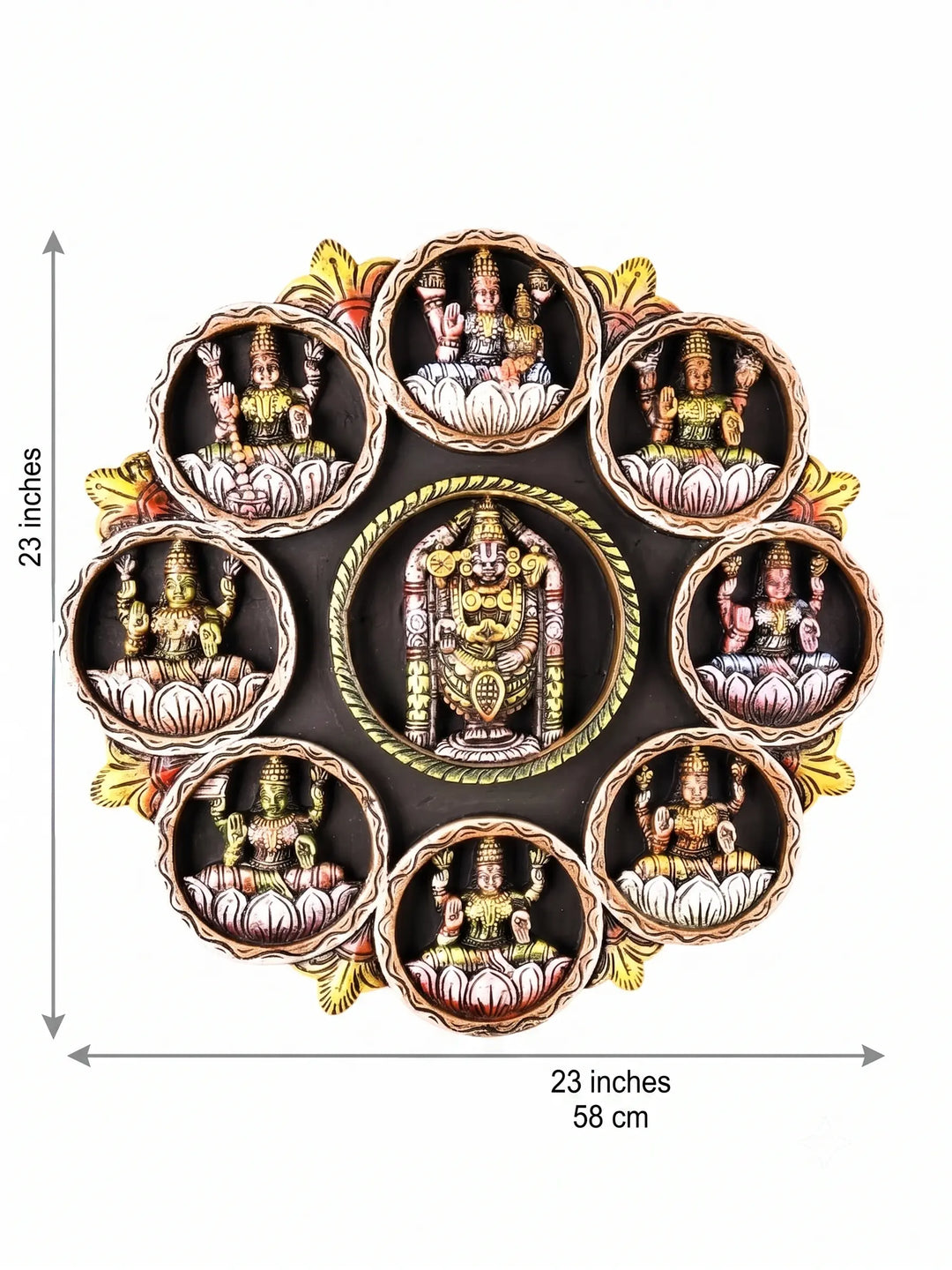 Handcrafted Ashta Lakshmi wooden wall panel with Lord Venkateswara carving.