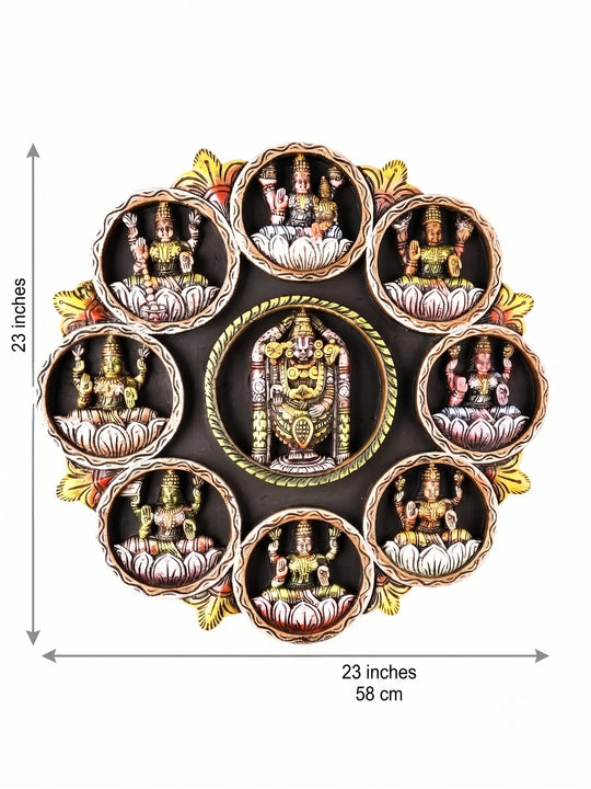 Handcrafted Ashta Lakshmi wooden wall panel with Lord Venkateswara carving.