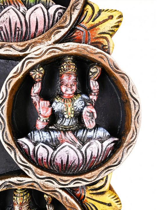 Decorative wooden Ashta Lakshmi temple wall panel for home.