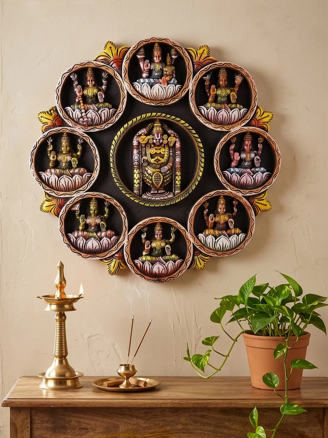 Luxury handcrafted wooden Ashta Lakshmi decorative panel.