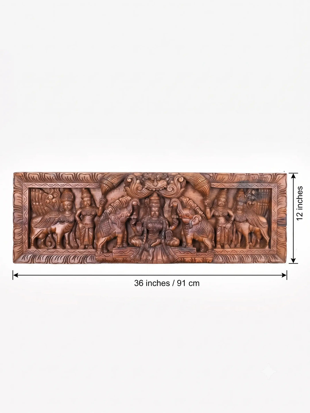 Handmade wooden Hindu wall panel with intricate temple artwork.