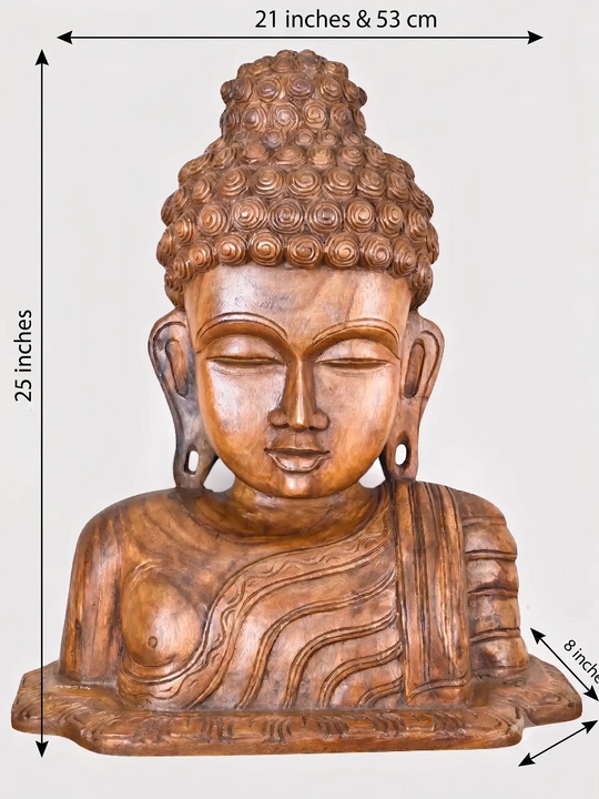 Wooden Buddha head sculpture for meditation and mindfulness spaces.