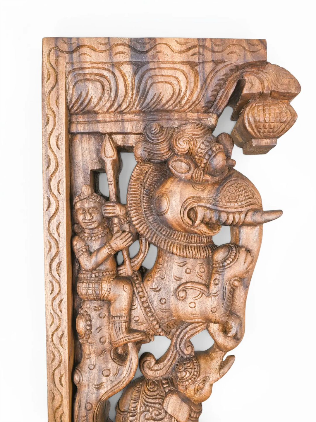 Hand carved wooden Yali wall bracket pair with warrior and elephant temple carving