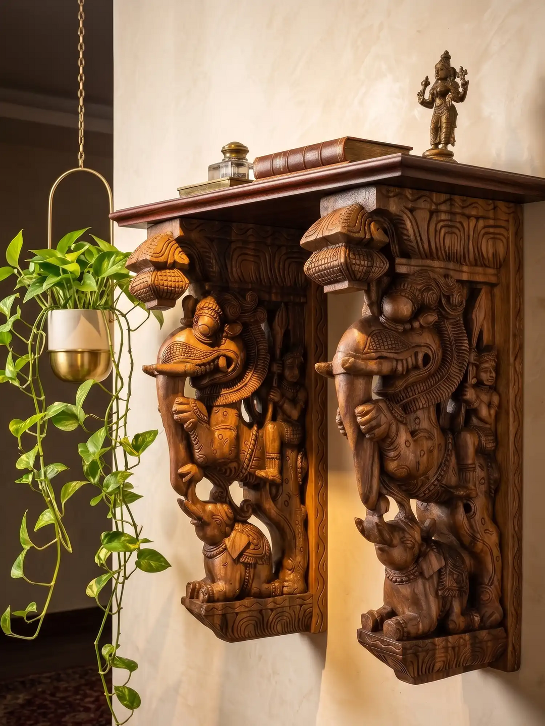 Wooden Yali wall mount corbel for pooja room and heritage interiors