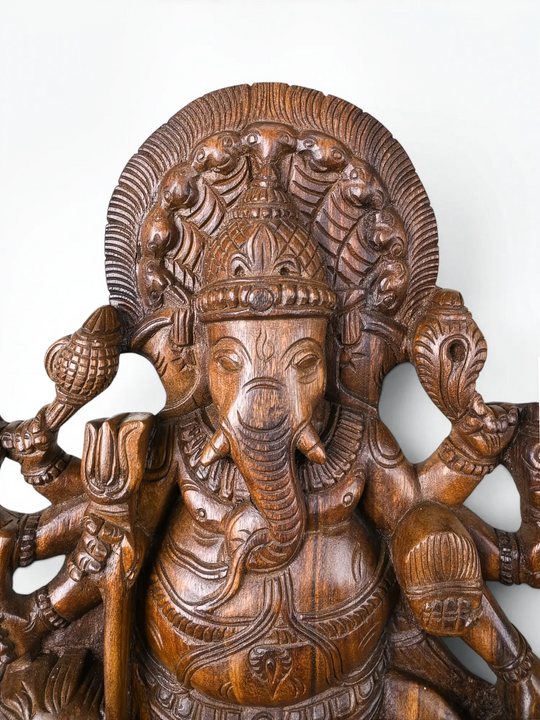 Handcrafted Wooden Lord Ganesha Statue with Traditional Wood Carving