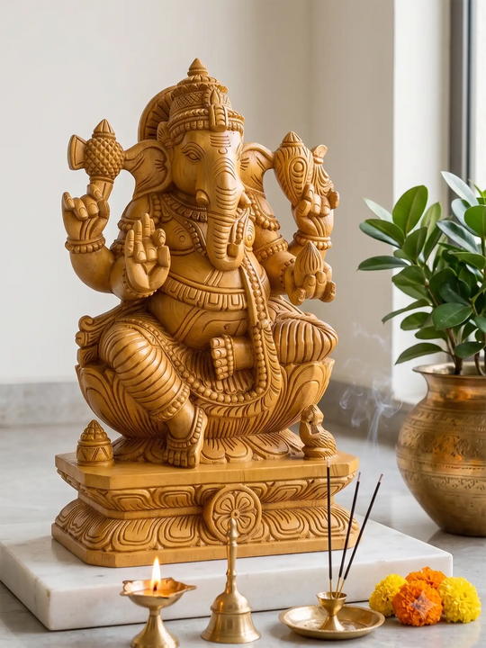 Traditional wooden Vinayagar idol handcrafted by Indian artisans