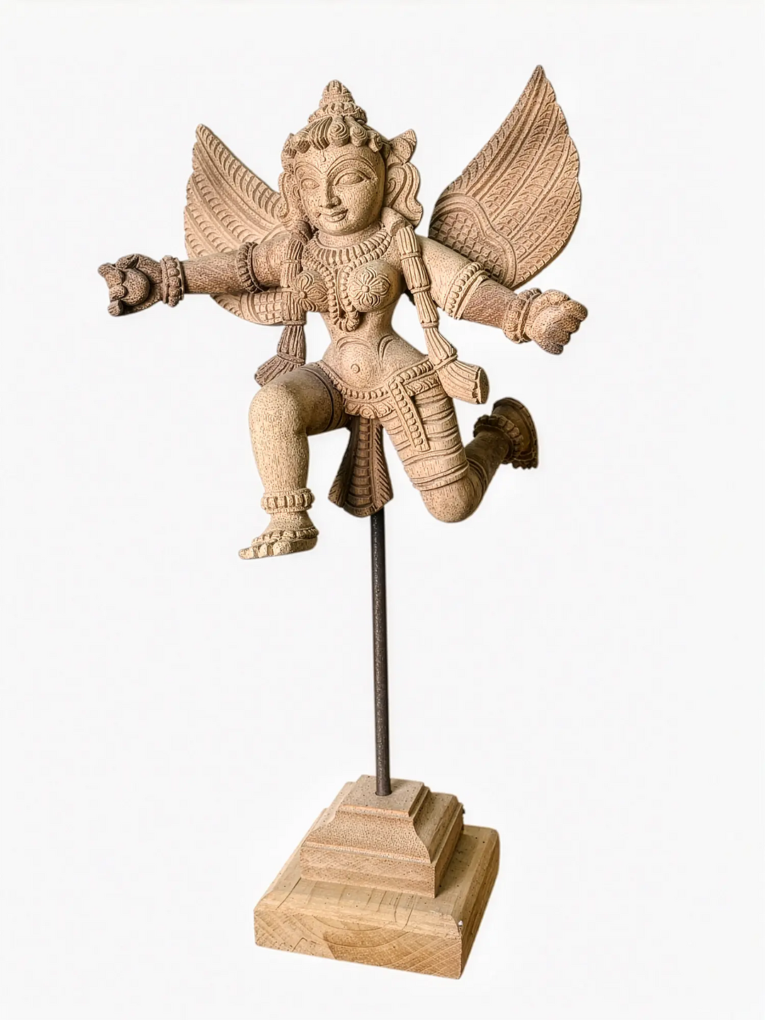 Wooden flying celestial maiden statue handcrafted from premium wood.