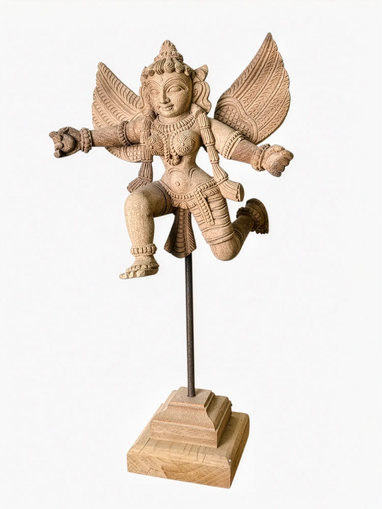 Wooden flying celestial maiden statue handcrafted from premium wood.