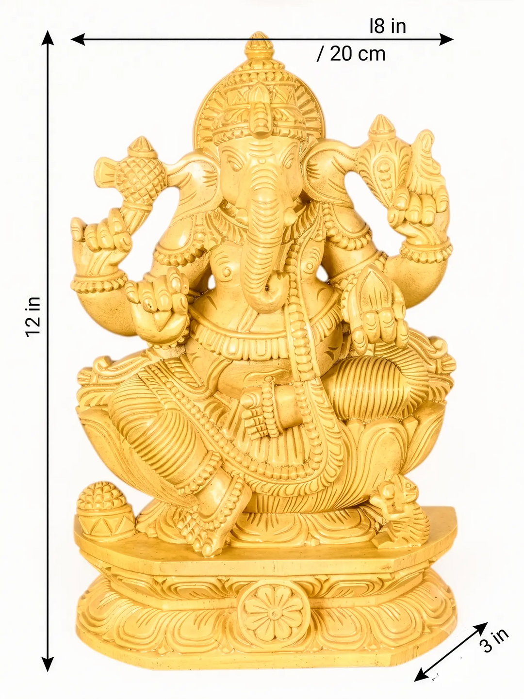 Handcrafted wooden seated Ganesha idol with intricate traditional carving for pooja room