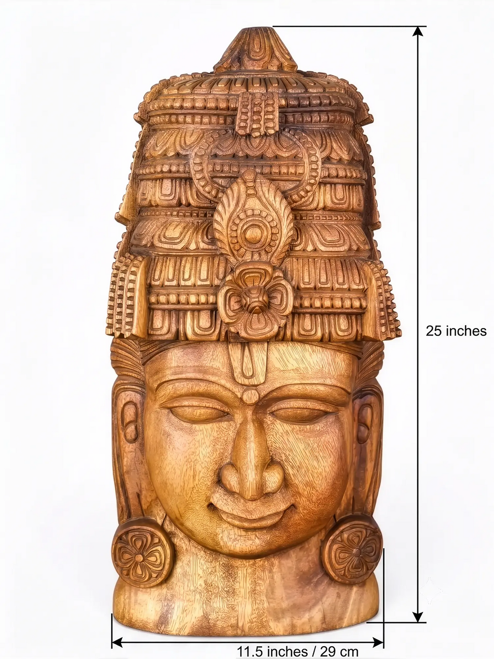 Handcrafted wooden Lord Vishnu head wall art with intricate temple crown carving for home décor.