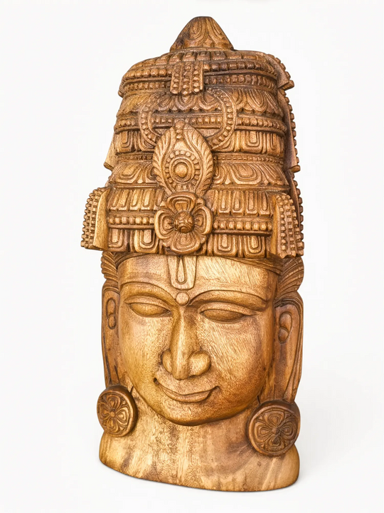 Premium wooden Vishnu bust wall hanging featuring detailed South Indian temple craftsmanship.