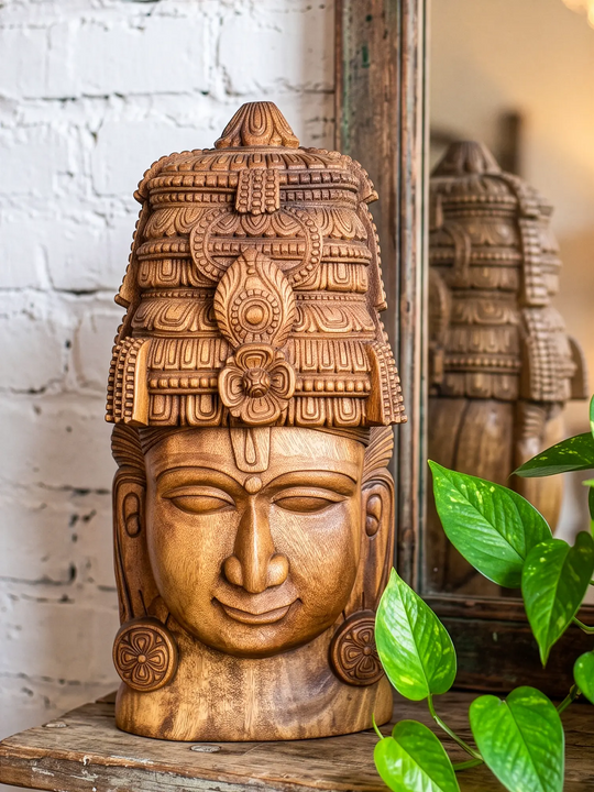 Premium wooden Vishnu bust wall hanging featuring detailed South Indian temple craftsmanship.