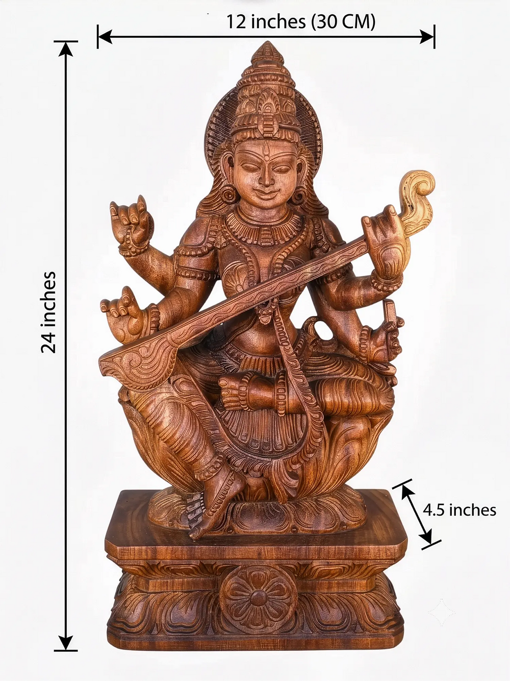 Wooden Saraswati sculpture crafted by skilled Indian artisans