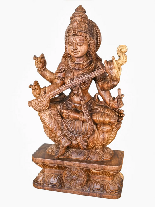 Premium  wooden Goddess Saraswati idol with detailed hand carving.