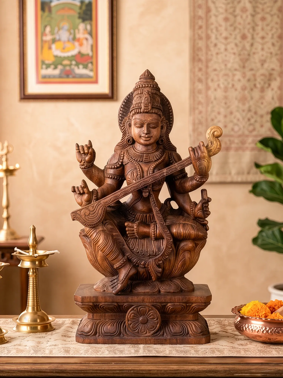 Premium  wooden Goddess Saraswati idol with detailed hand carving