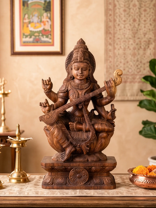 Premium  wooden Goddess Saraswati idol with detailed hand carving
