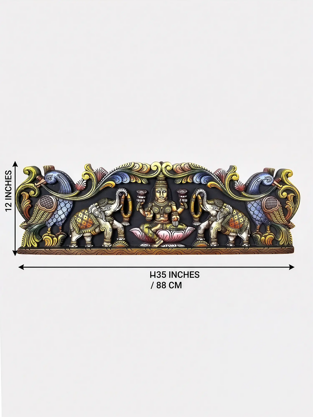 Handmade South Indian Gaja Lakshmi wooden wall art with twin elephants