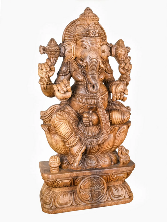 Natural wood Lord Ganesha statue carved by skilled Indian artisans