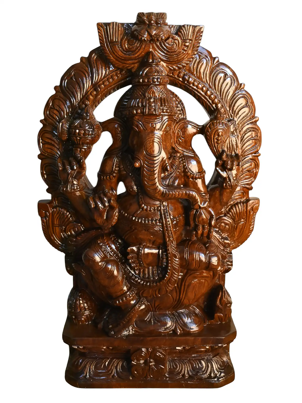 Handcrafted wooden Prabhavali Ganesha idol with intricate temple-style carvings