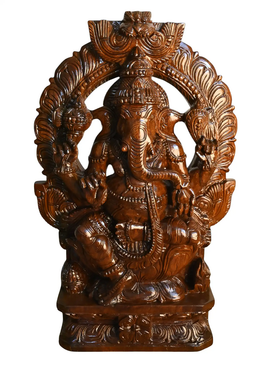 Handcrafted wooden Prabhavali Ganesha idol with intricate temple-style carvings