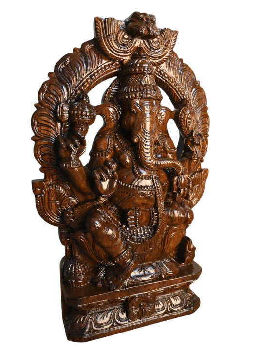 Decorative wooden Prabhavali Ganapati statue with detailed craftsmanship