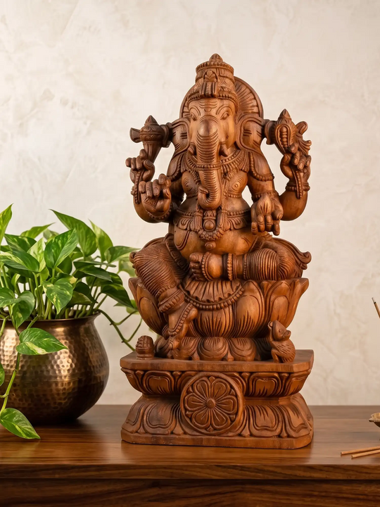 Handcrafted wooden Ganesha panel with intricate traditional Indian carvings