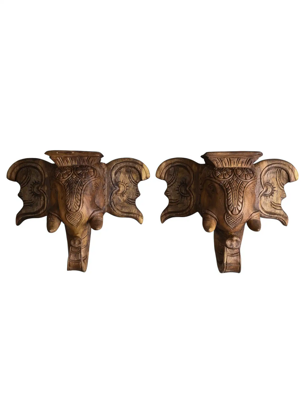 Wooden elephant head pair traditional home decor