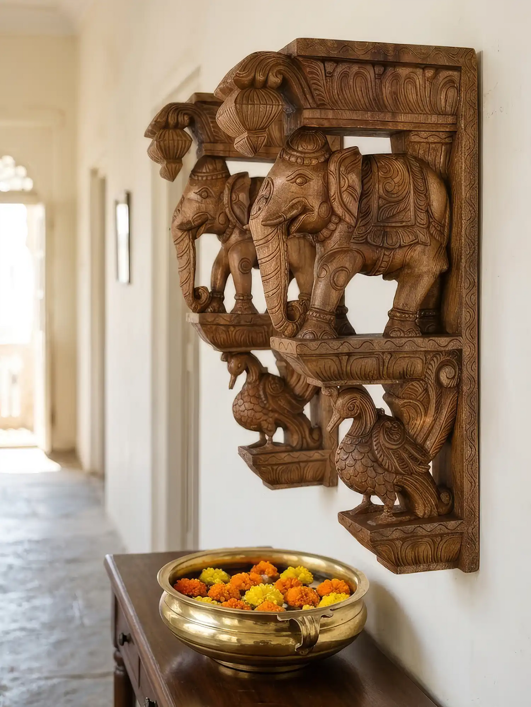 Classic Elephant & Hamsa Handcrafted Wooden Corbels