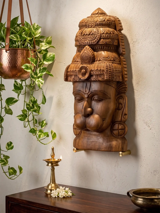 Handcrafted wooden Anjaneya face mask wall art
